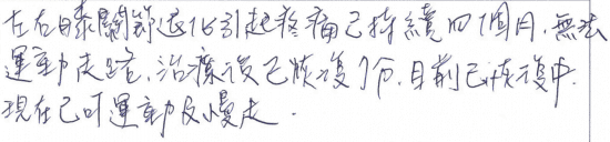 左右膝蓋退化引起疼痛已持續四個月,無法運動走路,治療後已恢復7分(7成),目前已恢復中,現在已可運動及慢走。|台中骨科蔡依樽醫師https://good-bone.com
