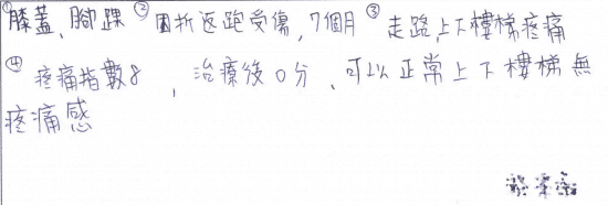 膝蓋、腳踝因折返跑受傷7個月，走路、上下樓梯疼痛，疼痛指數8（分），治療後（疼痛指數）0分，可以正常上下樓梯，無疼痛感。｜專業骨科推薦｜台中骨科蔡依樽醫師https://good-bone.com